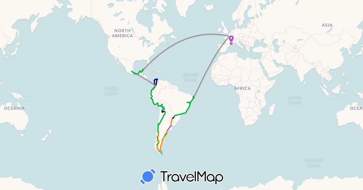 TravelMap itinerary: driving, bus, plane, train, hiking, boat, hitchhiking in Argentina, Bolivia, Brazil, Chile, Colombia, Ecuador, France, Mexico, Peru (Europe, North America, South America)